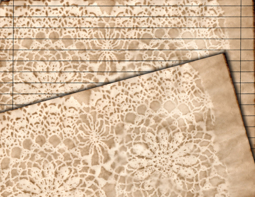 Coffee Dyed Lace Paper, Coffee Stained Digital Paper -20pg Digital Download- Lace Doilies, Junk Journal Pages, Lined Paper, Scrapbook Paper