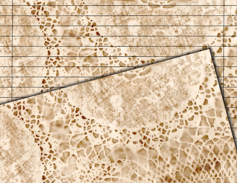 Coffee Dyed Lace Paper, Coffee Stained Digital Paper -20pg Digital Download- Lace Doilies, Junk Journal Pages, Lined Paper, Scrapbook Paper
