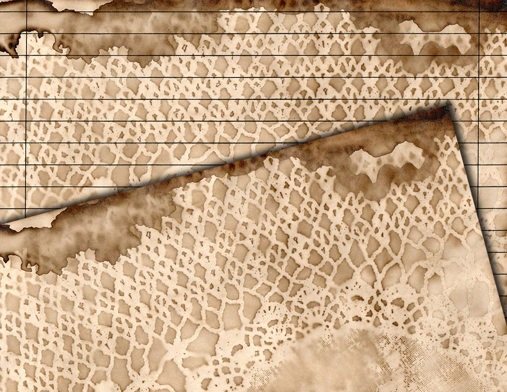 Coffee Dyed Lace Paper, Coffee Stained Digital Paper -20pg Digital Download- Lace Doilies, Junk Journal Pages, Lined Paper, Scrapbook Paper