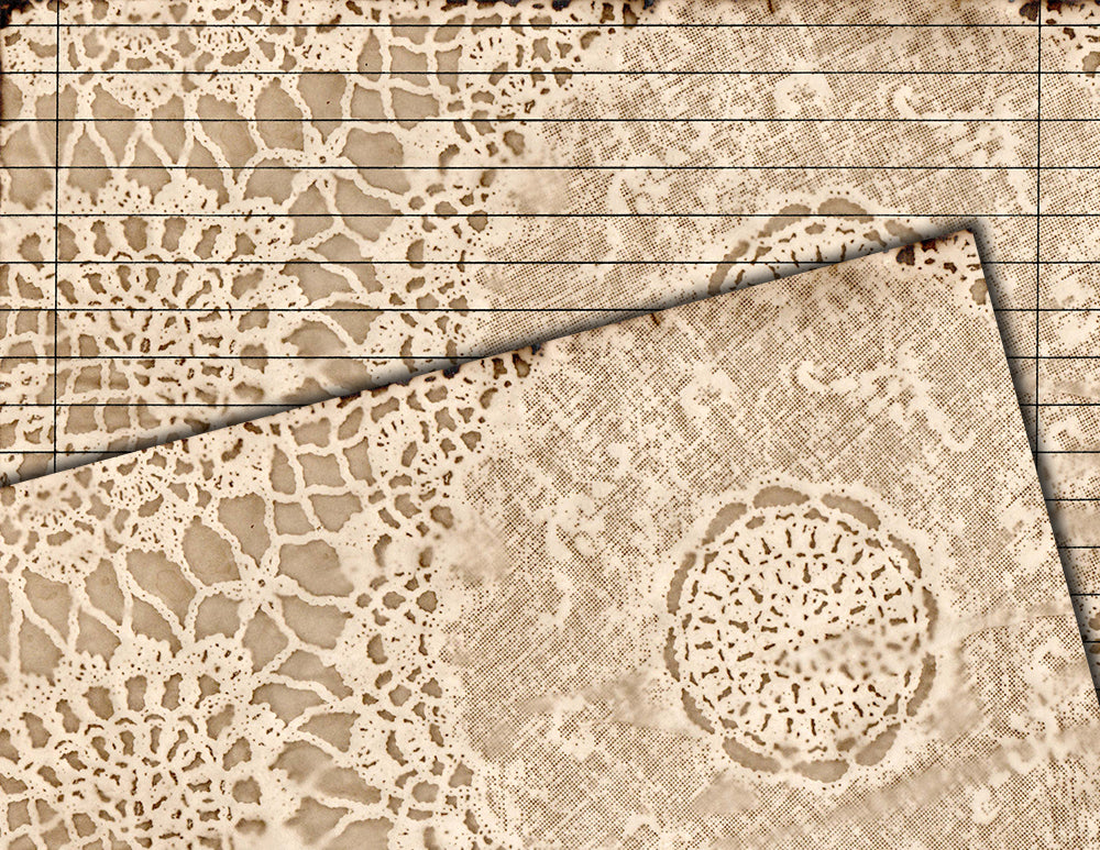 Coffee Dyed Lace Paper, Coffee Stained Digital Paper -20pg Digital Download- Lace Doilies, Junk Journal Pages, Lined Paper, Scrapbook Paper