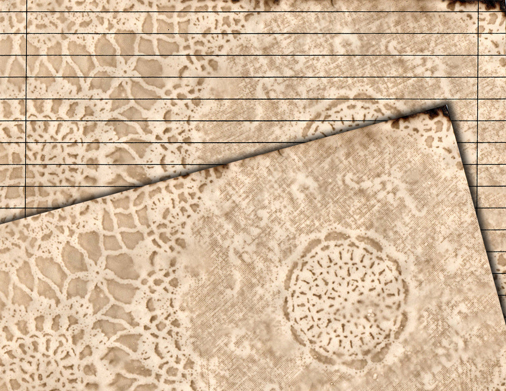 Coffee Dyed Lace Paper, Coffee Stained Digital Paper -20pg Digital Download- Lace Doilies, Junk Journal Pages, Lined Paper, Scrapbook Paper