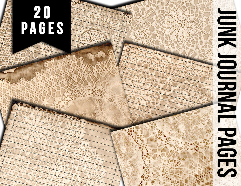 Coffee Dyed Lace Paper, Coffee Stained Digital Paper -20pg Digital Download- Lace Doilies, Junk Journal Pages, Lined Paper, Scrapbook Paper