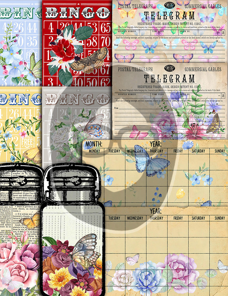 Butterfly Junk Journal Kit, Printable Journal Bundle -40pg Digital Download- Butterflies Digital Paper,Journaling Ephemera,Butterfly Clipart