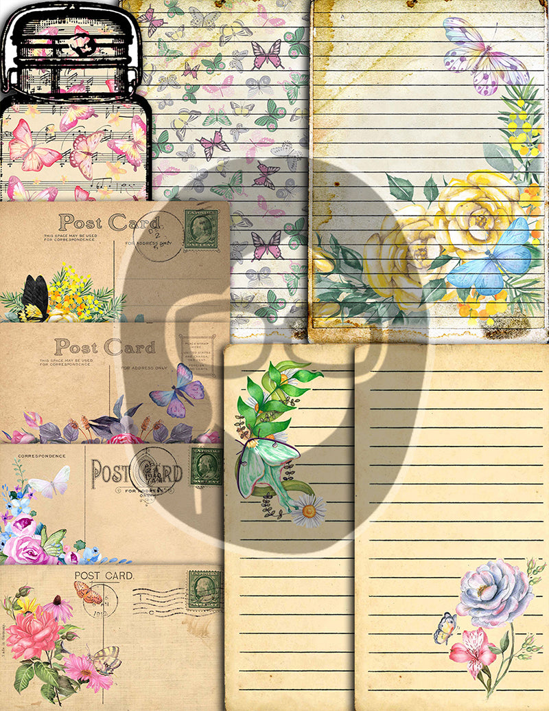 Butterfly Junk Journal Kit, Printable Journal Bundle -40pg Digital Download- Butterflies Digital Paper,Journaling Ephemera,Butterfly Clipart