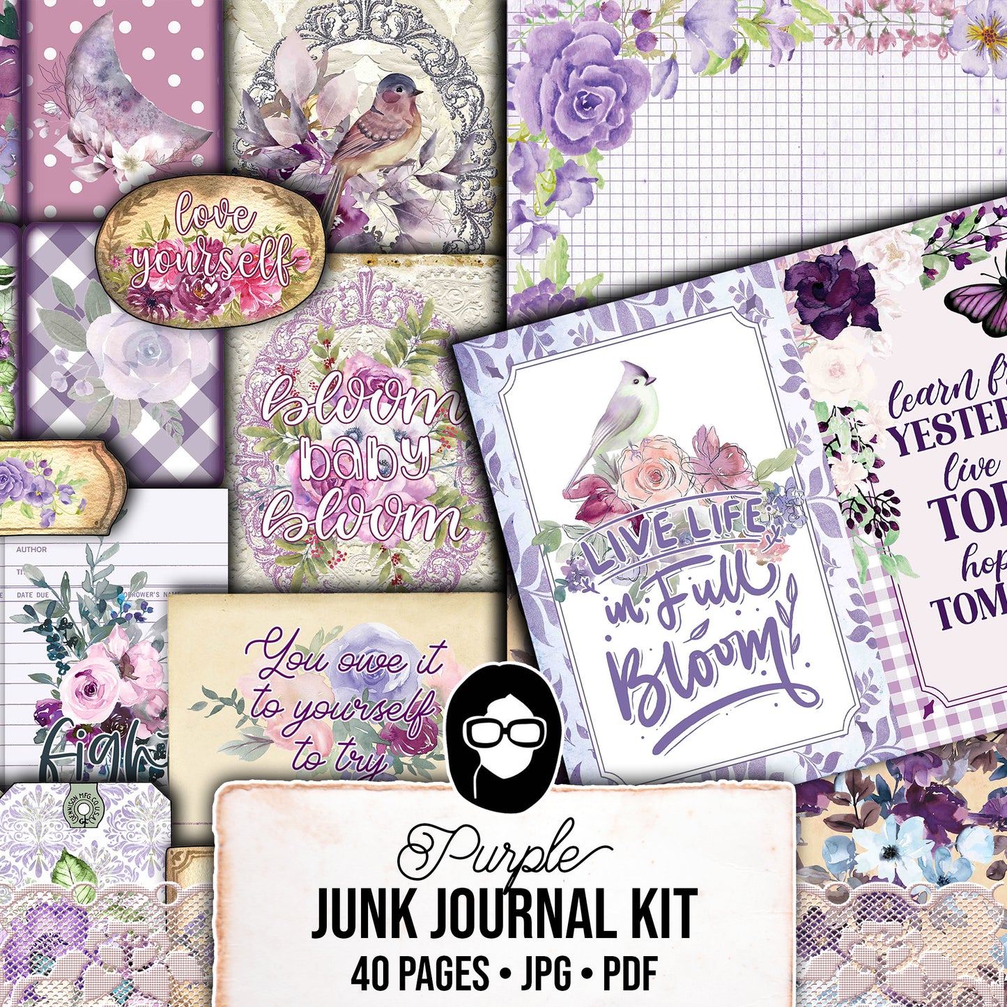 Purple Junk Journal Kit, Printable Journal Bundle -40pg Digital Download- Affirmations Kit, Positive Quotes, Journaling Ephemera, For Women