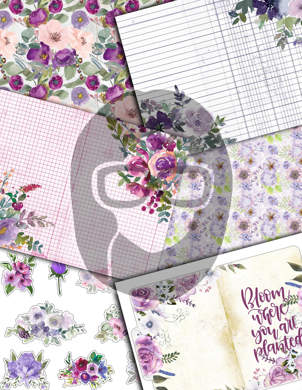 Purple Junk Journal Kit, Printable Journal Bundle -40pg Digital Download- Affirmations Kit, Positive Quotes, Journaling Ephemera, For Women