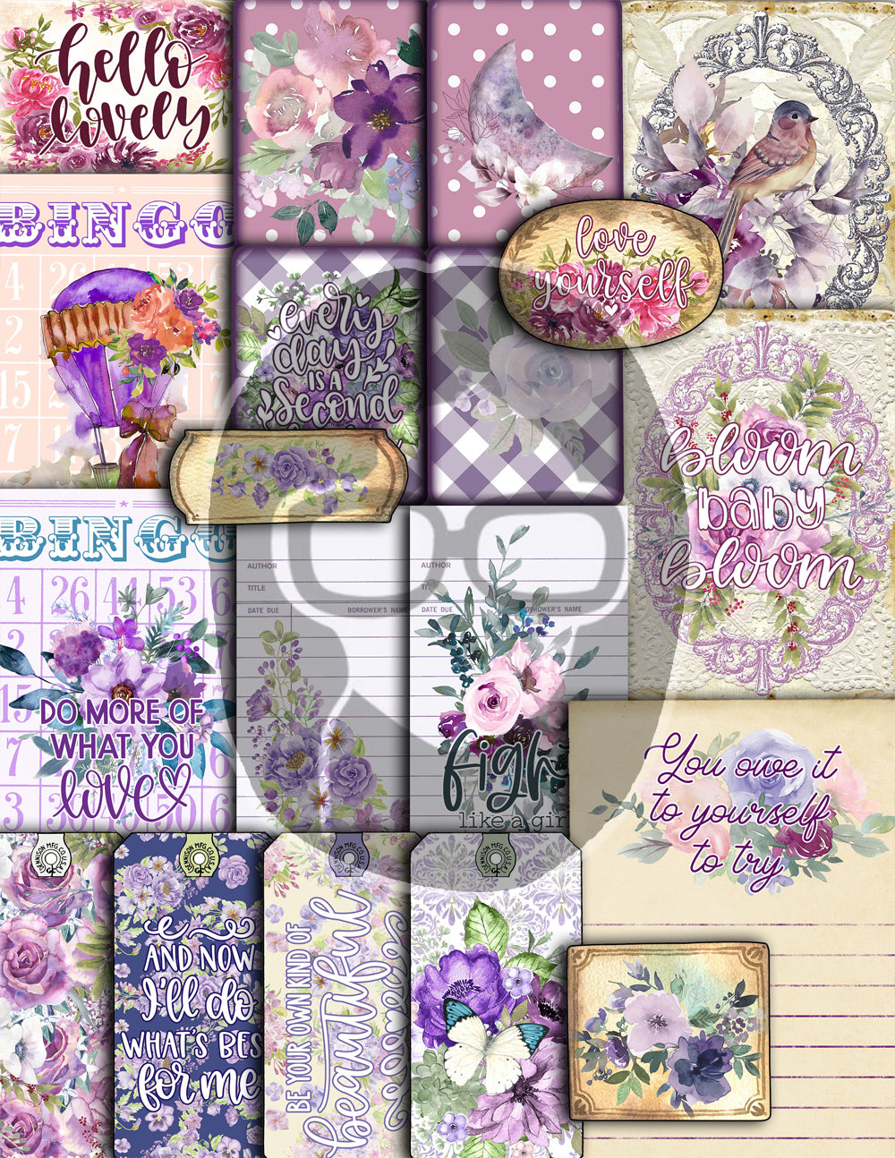 Purple Junk Journal Kit, Printable Journal Bundle -40pg Digital Download- Affirmations Kit, Positive Quotes, Journaling Ephemera, For Women