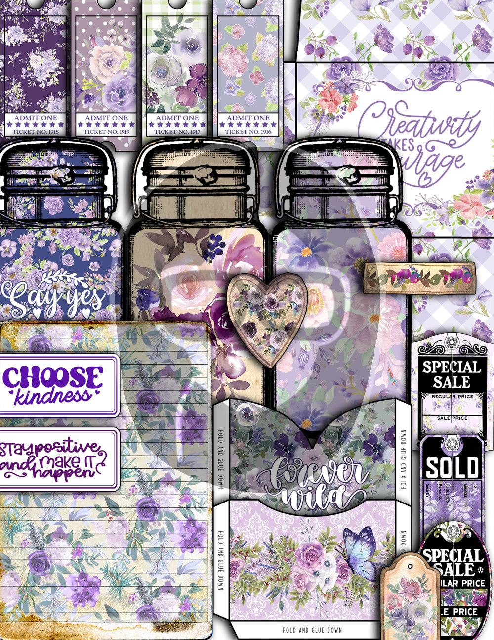 Purple Junk Journal Kit, Printable Journal Bundle -40pg Digital Download- Affirmations Kit, Positive Quotes, Journaling Ephemera, For Women