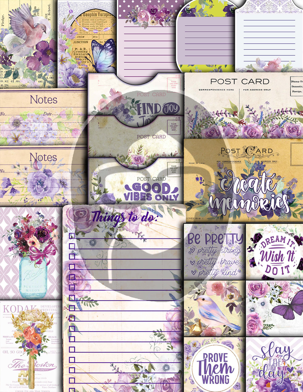Purple Junk Journal Kit, Printable Journal Bundle -40pg Digital Download- Affirmations Kit, Positive Quotes, Journaling Ephemera, For Women