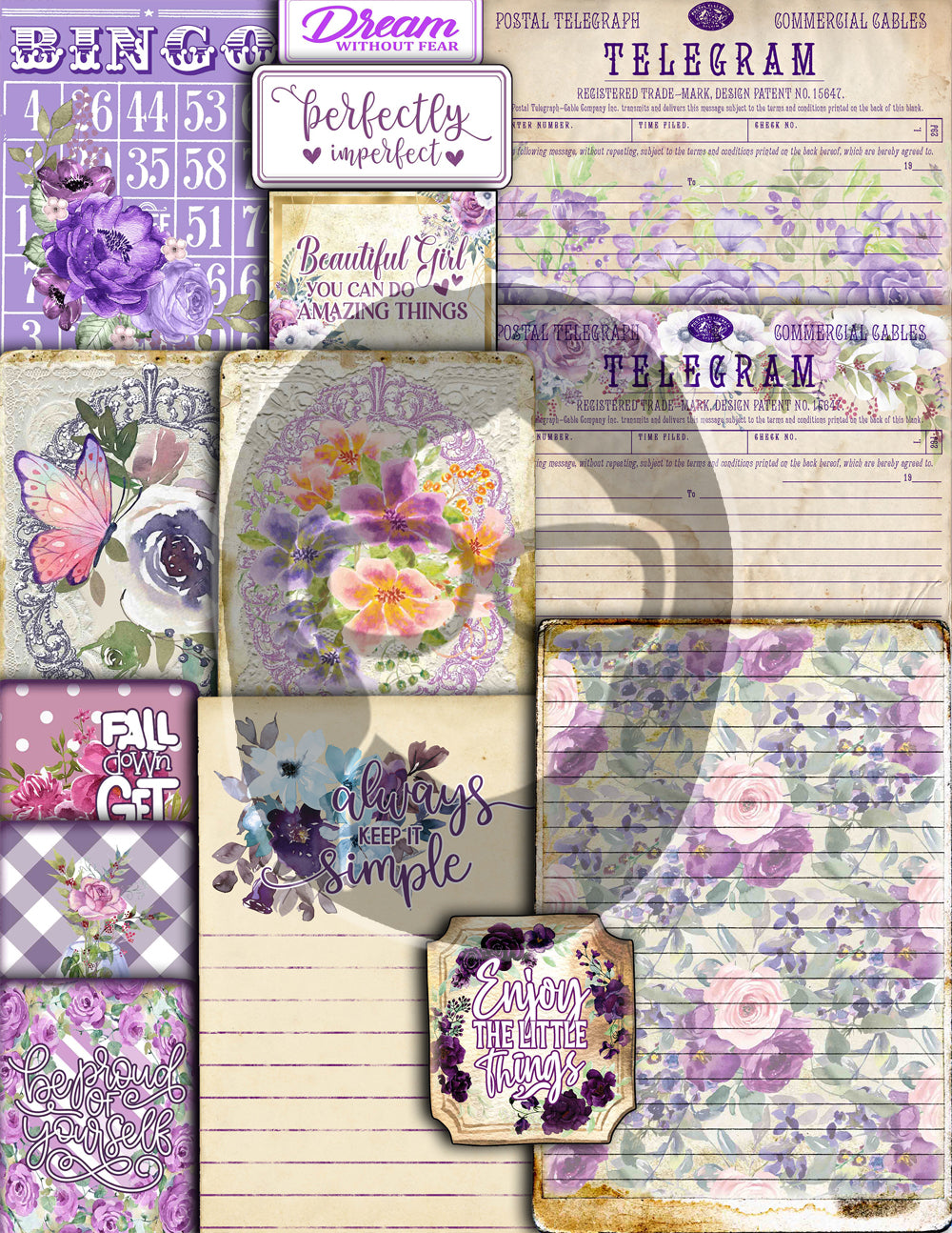 Purple Junk Journal Kit, Printable Journal Bundle -40pg Digital Download- Affirmations Kit, Positive Quotes, Journaling Ephemera, For Women