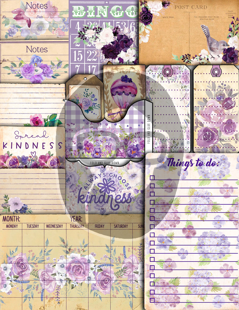 Purple Junk Journal Kit, Printable Journal Bundle -40pg Digital Download- Affirmations Kit, Positive Quotes, Journaling Ephemera, For Women