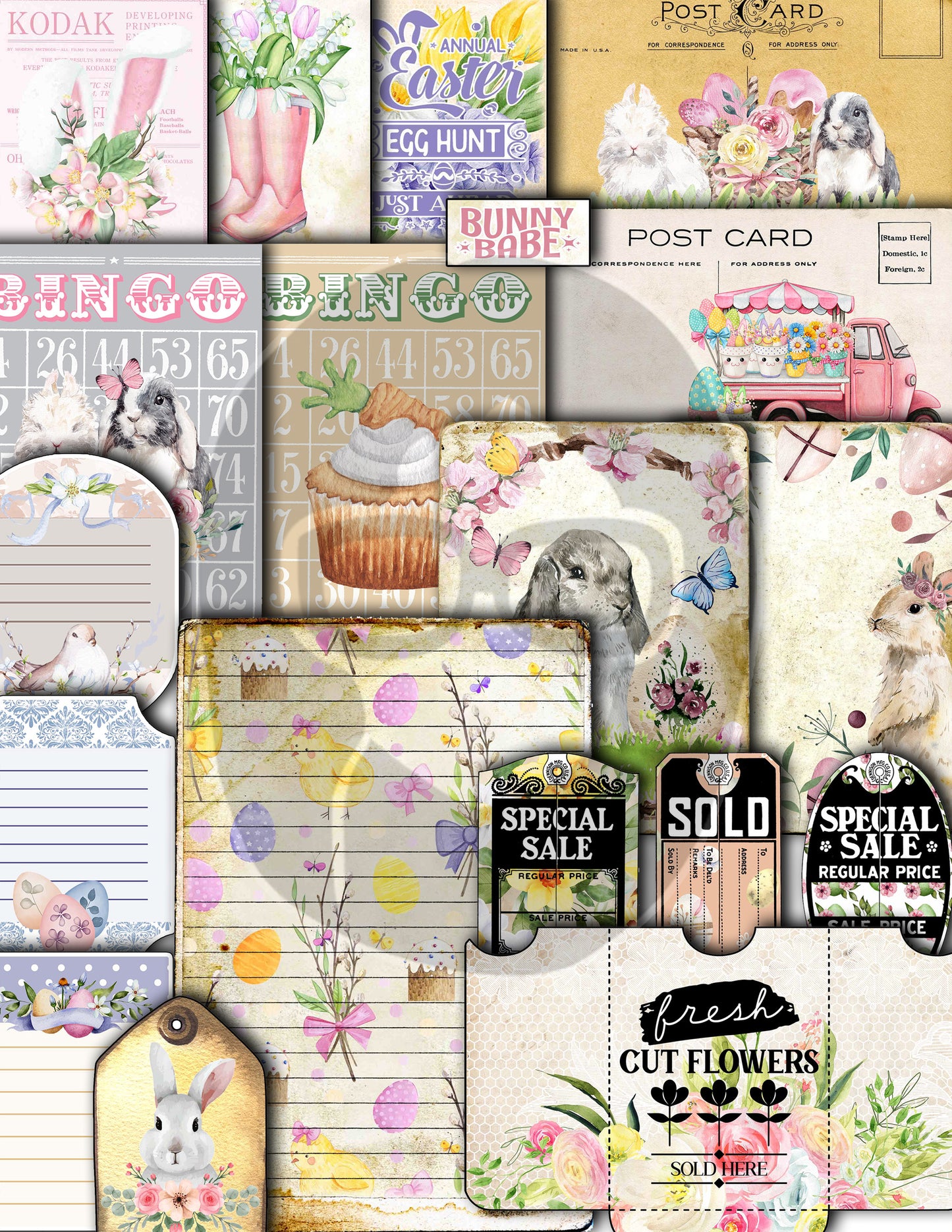 Easter Junk Journal, Spring Journal Kit -40pg Digital Download- Pastel Easter, Lined Journal Pages, Easter Ephemera, Eggs, Rabbit, Quotes