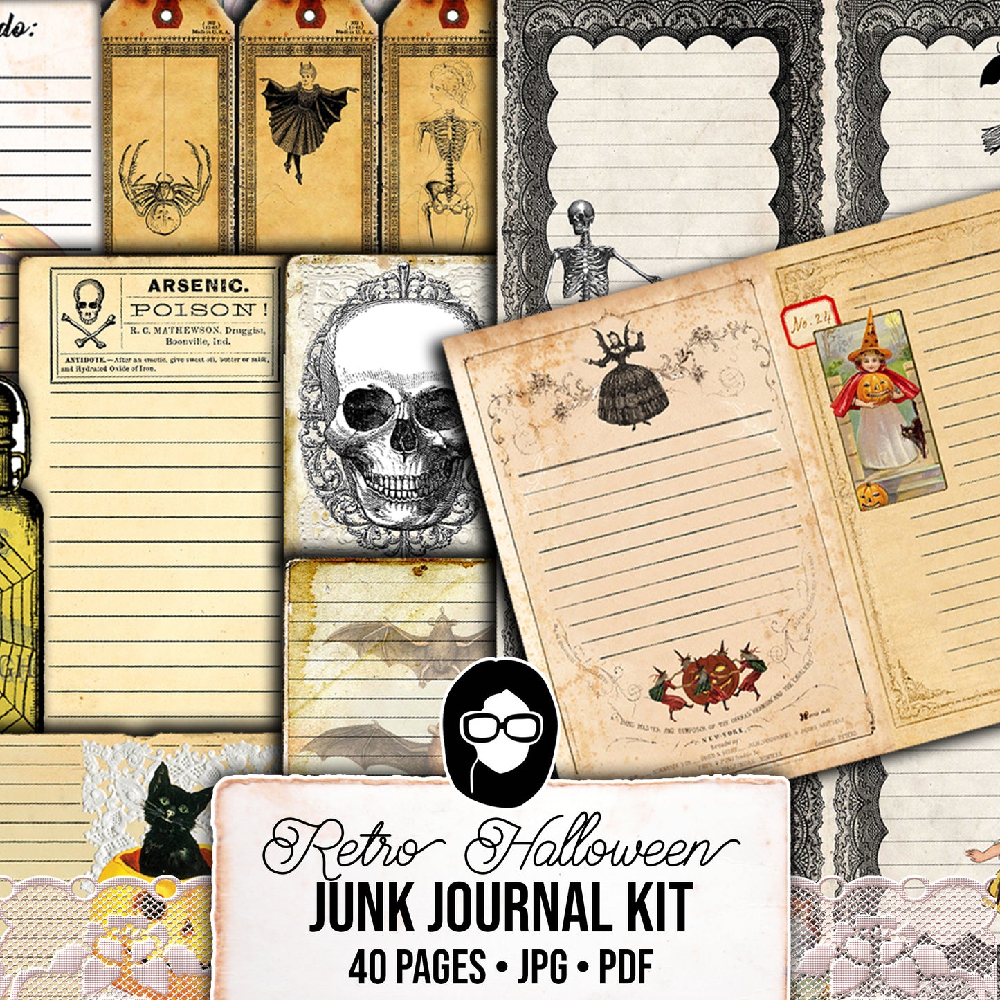 Vintage Retro Halloween, Junk Journal Kit -40pg Digital Download- Ephemera, Journaling Pages, Lined Paper, Tags, Cards, Jars, Witch Journal
