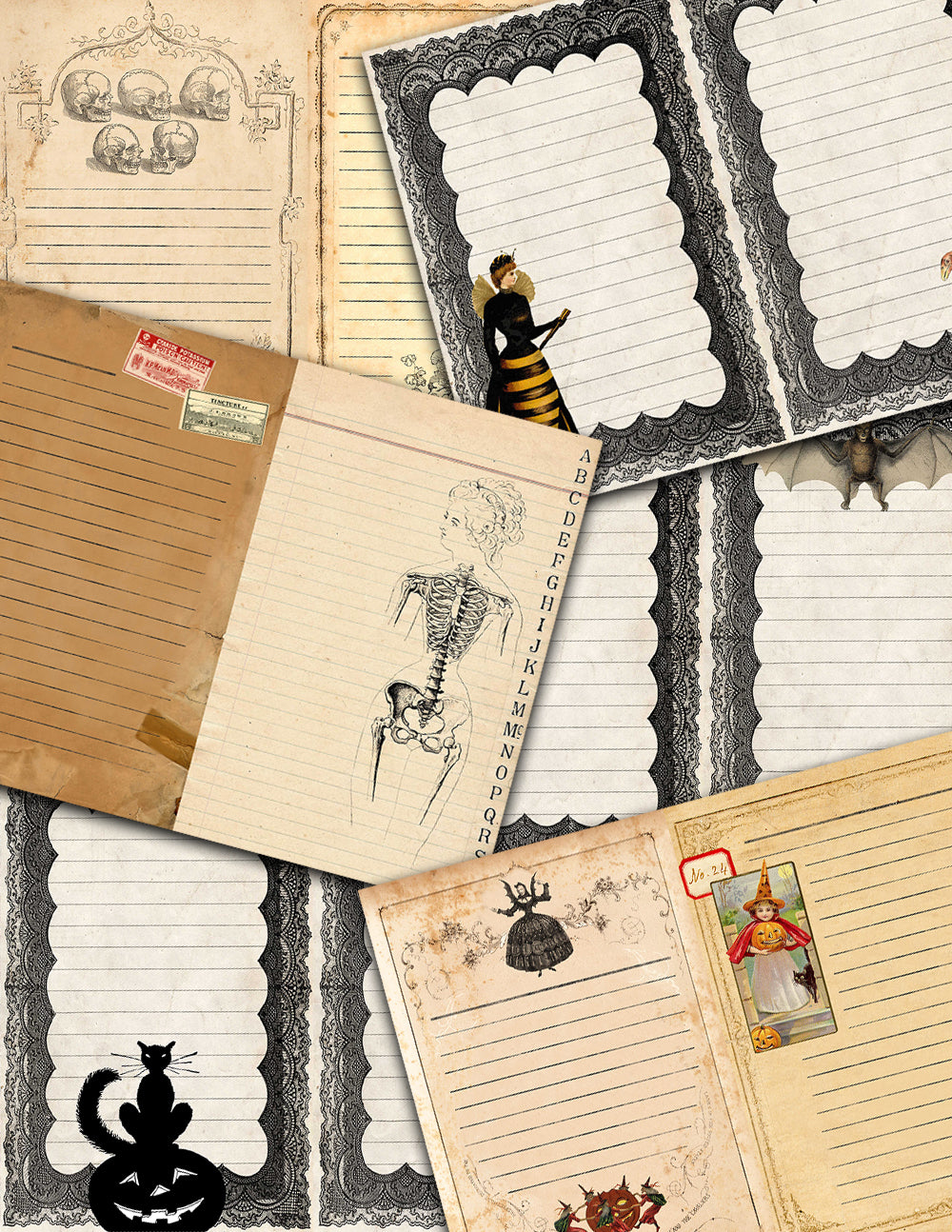 Vintage Retro Halloween, Junk Journal Kit -40pg Digital Download- Ephemera, Journaling Pages, Lined Paper, Tags, Cards, Jars, Witch Journal