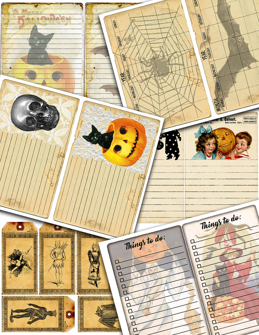 Vintage Retro Halloween, Junk Journal Kit -40pg Digital Download- Ephemera, Journaling Pages, Lined Paper, Tags, Cards, Jars, Witch Journal