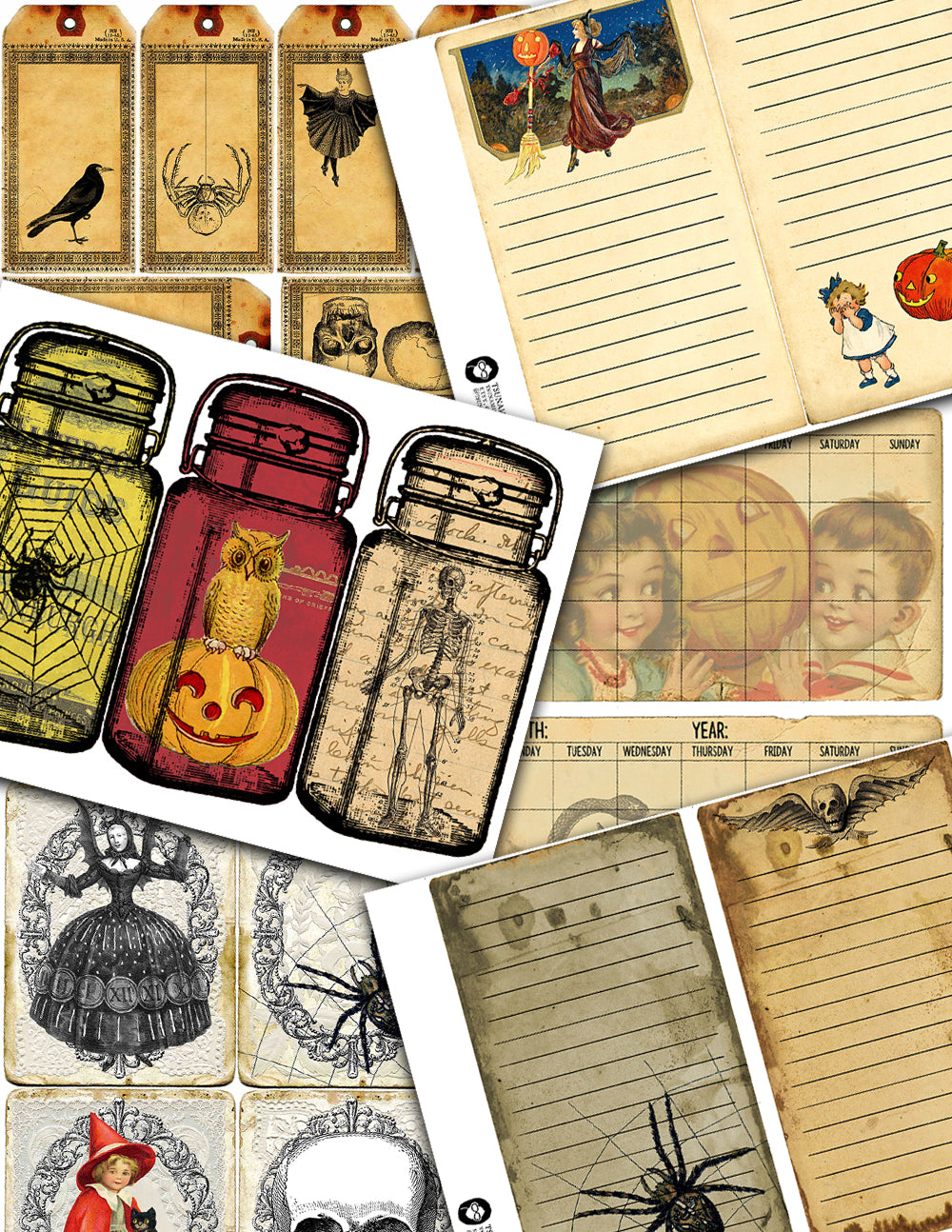Vintage Retro Halloween, Junk Journal Kit -40pg Digital Download- Ephemera, Journaling Pages, Lined Paper, Tags, Cards, Jars, Witch Journal