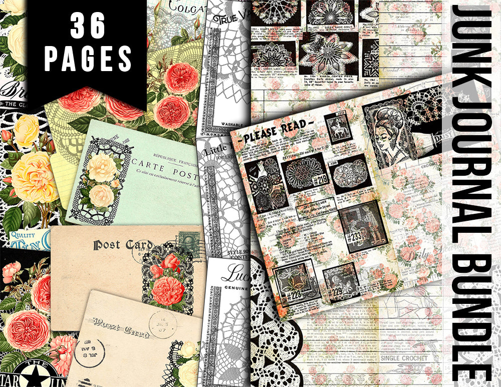 Printable Junk Journal Kit, Vintage Crochet, Bundle #1 -36pg Digital Download- Ephemera Paper Pack, Scrapbook Paper, Granny Chic
