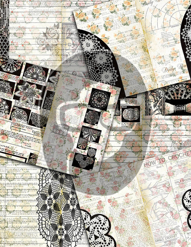 Printable Junk Journal Kit, Vintage Crochet, Bundle #1 -36pg Digital Download- Ephemera Paper Pack, Scrapbook Paper, Granny Chic