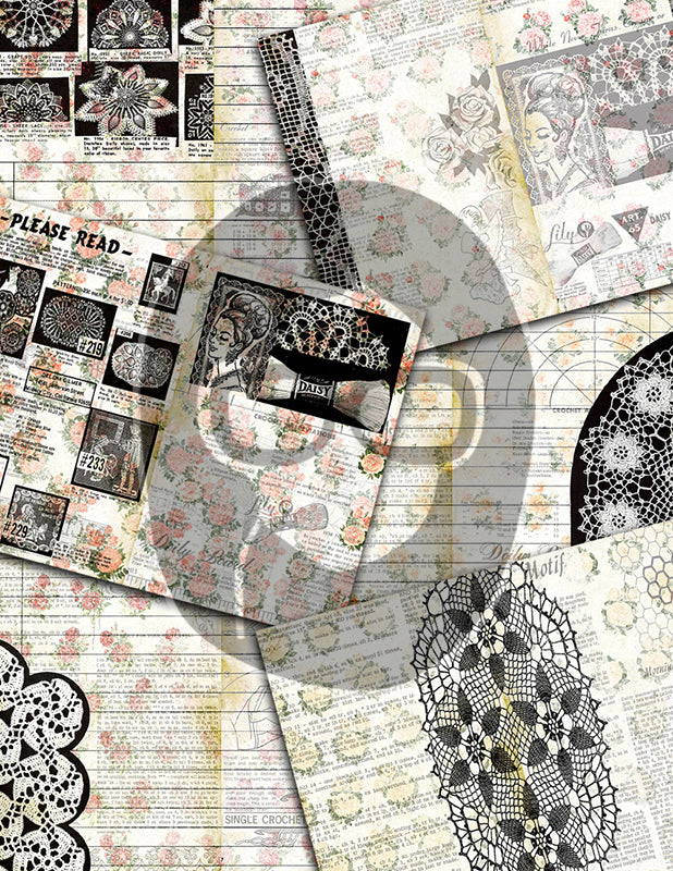 Printable Junk Journal Kit, Vintage Crochet, Bundle #1 -36pg Digital Download- Ephemera Paper Pack, Scrapbook Paper, Granny Chic