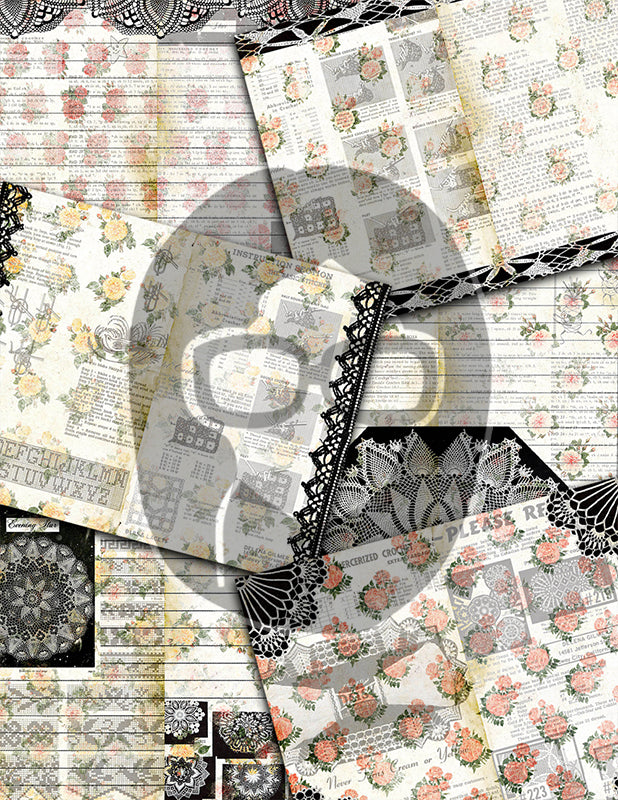 Printable Junk Journal Kit, Vintage Crochet, Bundle #1 -36pg Digital Download- Ephemera Paper Pack, Scrapbook Paper, Granny Chic