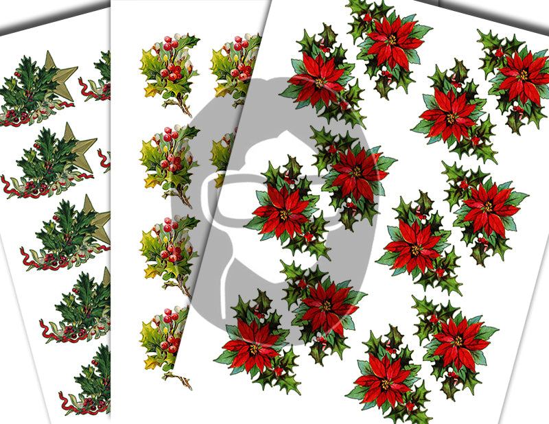 Fussy Cut Christmas Ephemera, Poinsettia Clipart -18pg Digital Download- Red Holly Berries, Paper Crafting Ephemera, Collage Sheets, Vintage