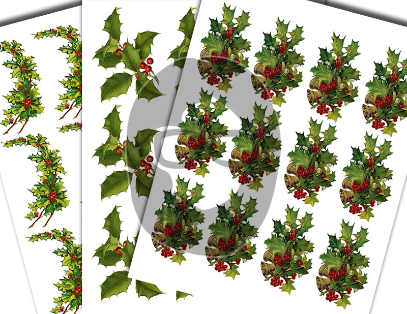 Fussy Cut Christmas Ephemera, Poinsettia Clipart -18pg Digital Download- Red Holly Berries, Paper Crafting Ephemera, Collage Sheets, Vintage