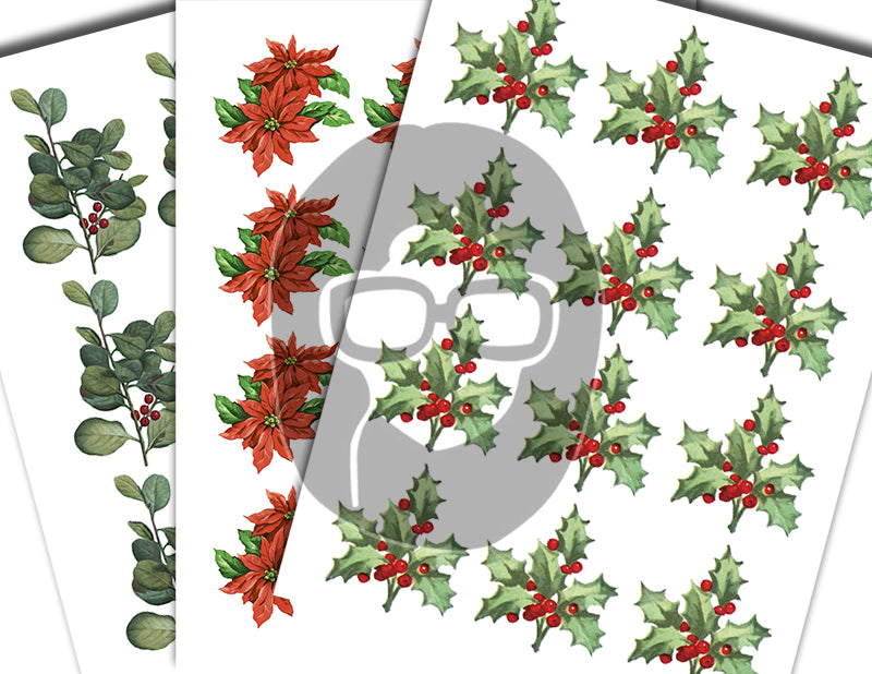 Fussy Cut Christmas Ephemera, Poinsettia Clipart -18pg Digital Download- Red Holly Berries, Paper Crafting Ephemera, Collage Sheets, Vintage