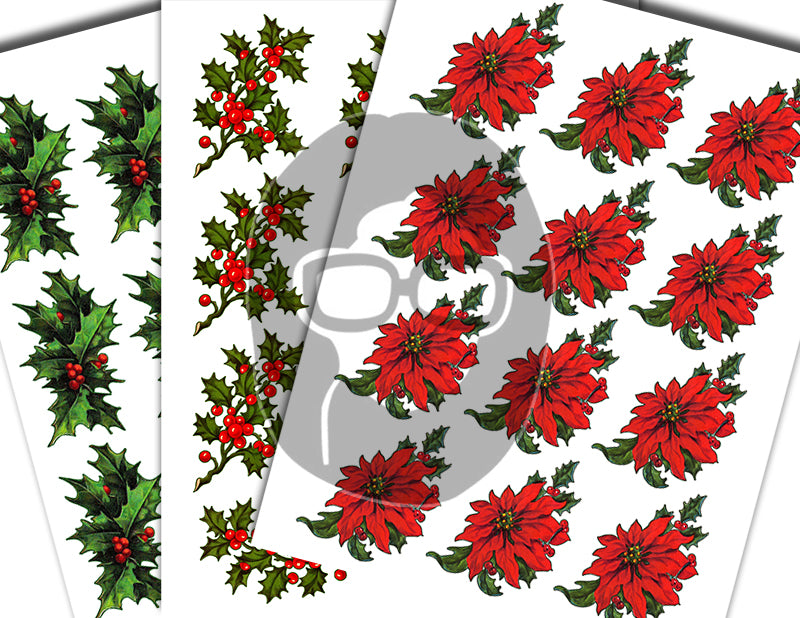 Fussy Cut Christmas Ephemera, Poinsettia Clipart -18pg Digital Download- Red Holly Berries, Paper Crafting Ephemera, Collage Sheets, Vintage