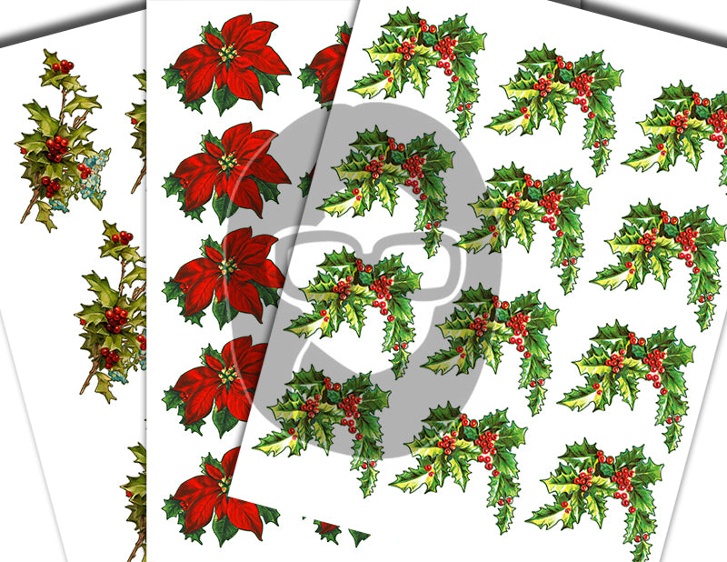 Fussy Cut Christmas Ephemera, Poinsettia Clipart -18pg Digital Download- Red Holly Berries, Paper Crafting Ephemera, Collage Sheets, Vintage