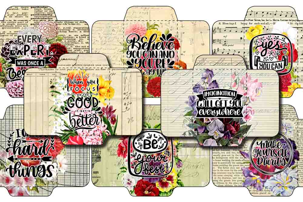 Printable Junk Journal Envelopes #32 - 6 Page Instant download - digital roses floral, mini envelopes, happy quotes, positive phrases
