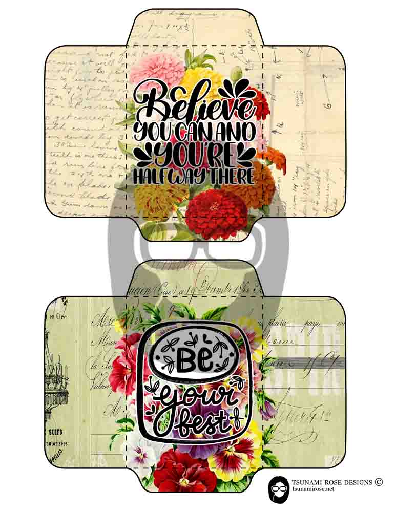 Printable Junk Journal Envelopes #32 - 6 Page Instant download - digital roses floral, mini envelopes, happy quotes, positive phrases