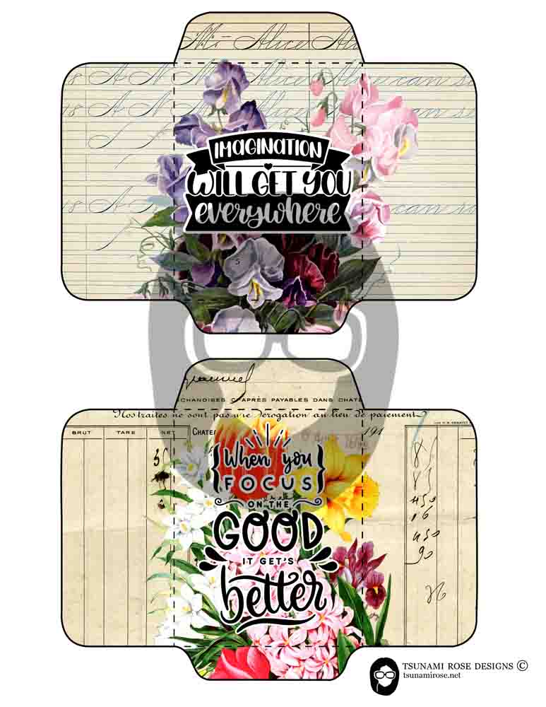 Printable Junk Journal Envelopes #32 - 6 Page Instant download - digital roses floral, mini envelopes, happy quotes, positive phrases
