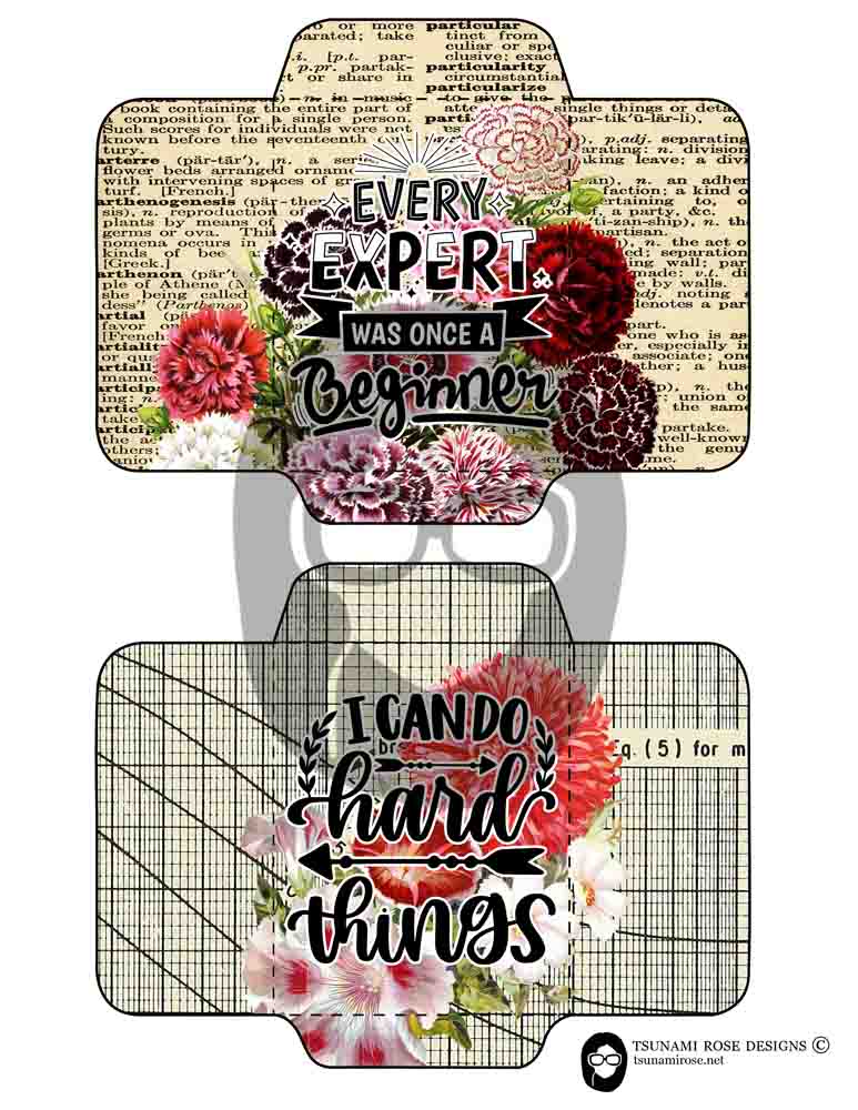 Printable Junk Journal Envelopes #32 - 6 Page Instant download - digital roses floral, mini envelopes, happy quotes, positive phrases