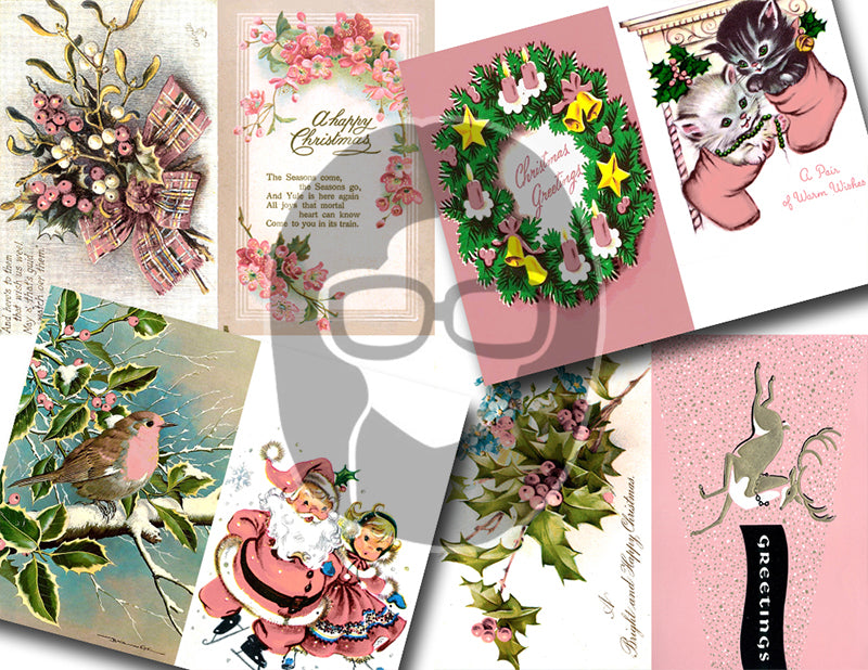 Pink Retro Christmas Vintage Ephemera Set #94 - 30 Pg download - xmas junk journal digital download, holiday ephemera pack, junk journal kit