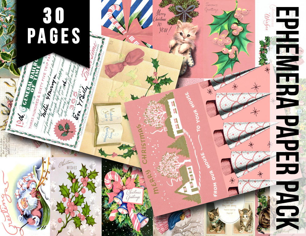 Pink Retro Christmas Vintage Ephemera Set #94 - 30 Pg download - xmas junk journal digital download, holiday ephemera pack, junk journal kit