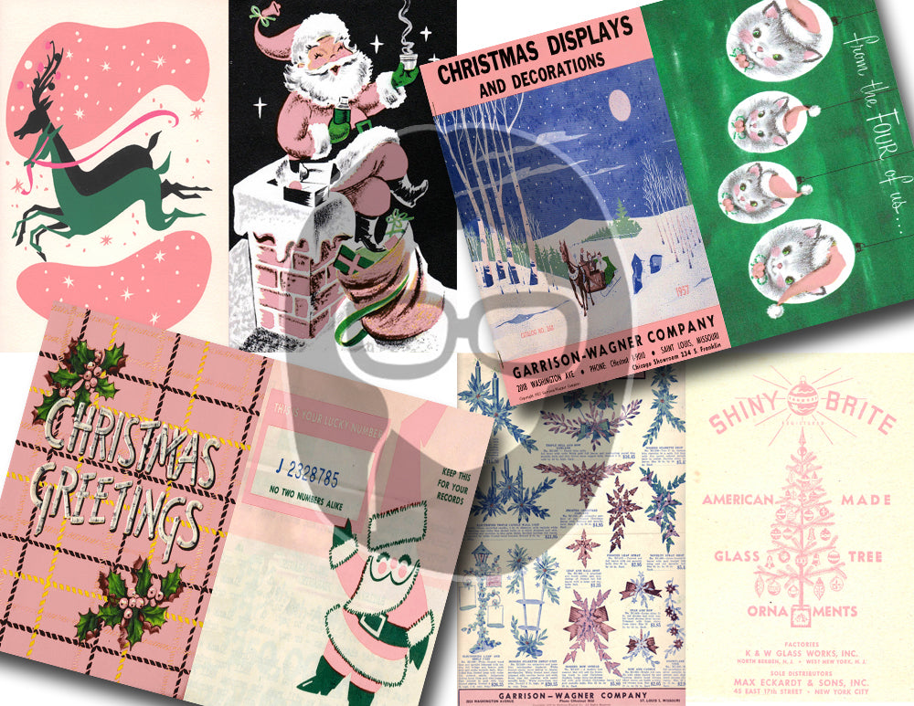 Pink Retro Christmas Vintage Ephemera Set #96 - 30 Pg download - xmas digital download, holiday Santa printable, junk journal kit