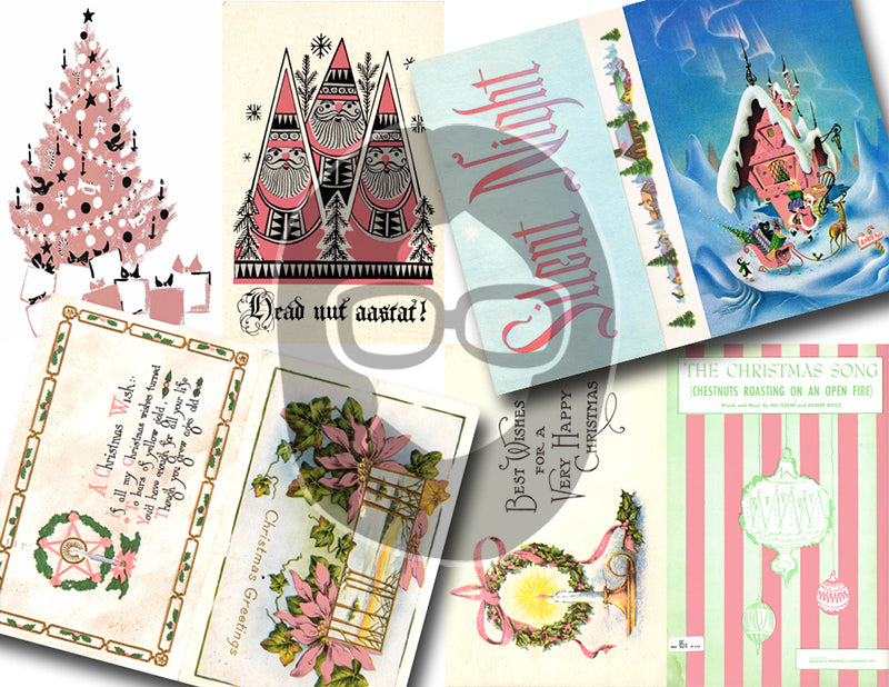 Pink Retro Christmas Vintage Ephemera Set #96 - 30 Pg download - xmas digital download, holiday Santa printable, junk journal kit