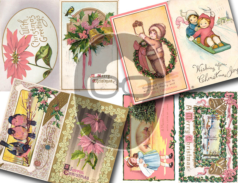 Pink Retro Christmas Vintage Ephemera Set #96 - 30 Pg download - xmas digital download, holiday Santa printable, junk journal kit