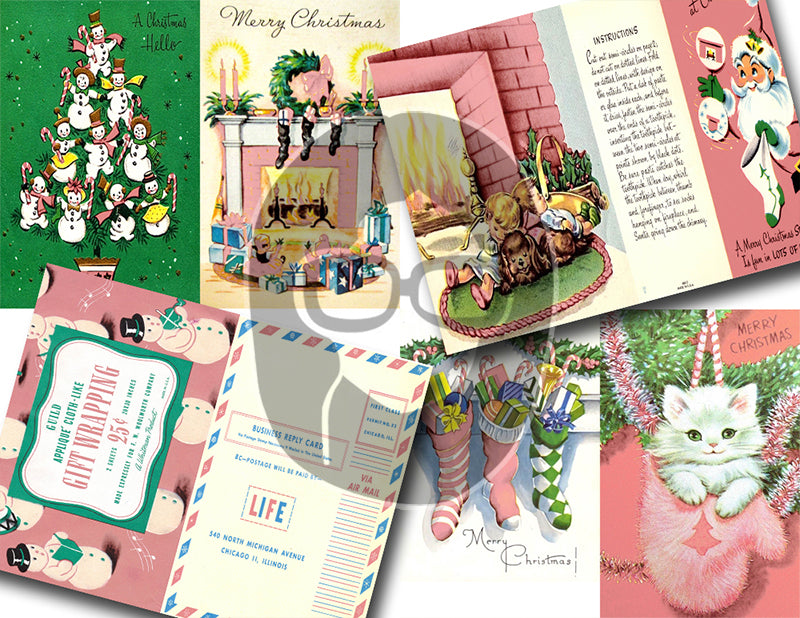 Pink Retro Christmas Vintage Ephemera Set #96 - 30 Pg download - xmas digital download, holiday Santa printable, junk journal kit