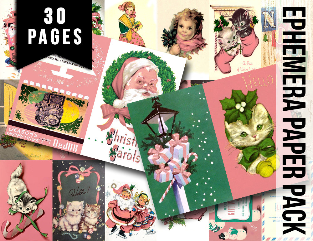 Pink Retro Christmas Vintage Ephemera Set #96 - 30 Pg download - xmas digital download, holiday Santa printable, junk journal kit