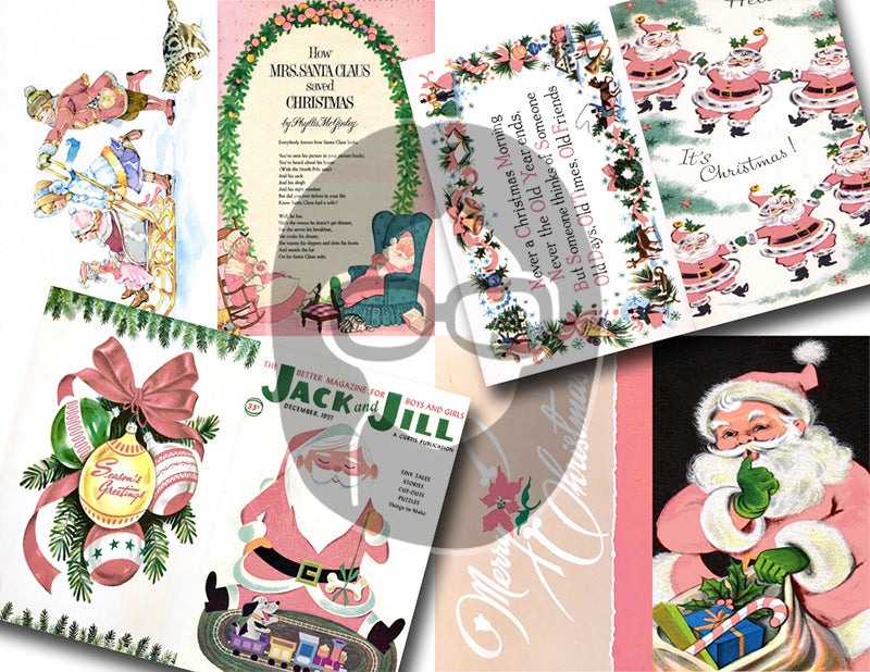 Pink Retro Christmas, Ephemera Paper Pack -30pg Digital Download- Old Fashioned Christmas Ephemera, Printable Vintage Paper, Shabby Chic