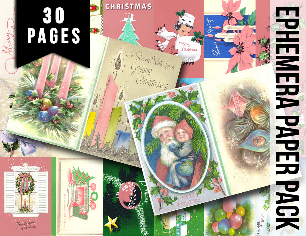 Pink Retro Christmas, Ephemera Paper Pack -30pg Digital Download- Old Fashioned Christmas Ephemera, Printable Vintage Paper, Shabby Chic