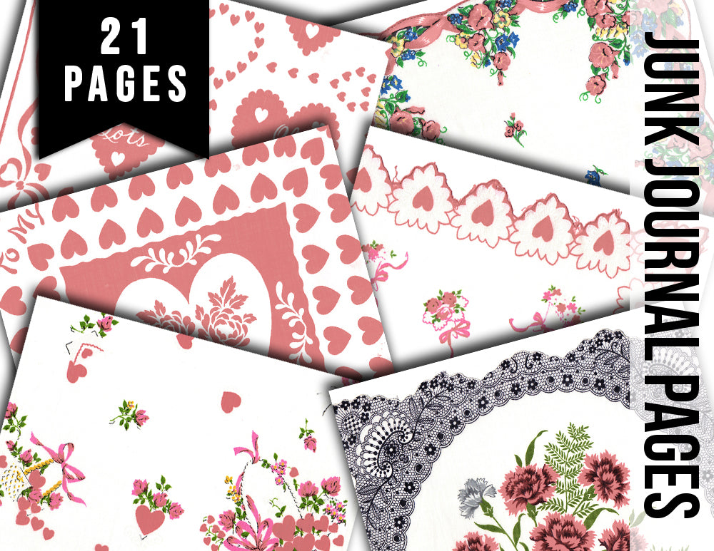 Valentine's Day Ephemera, Printable Vintage Hankies S100 -21pg Digital Download- Junk Journal Pages, Retro And Vintage, Scrapbook Paper