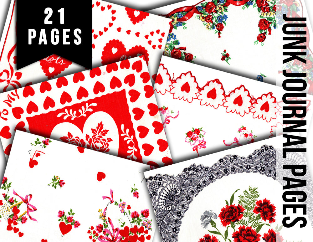 Valentine's Day Ephemera, Digital Vintage Hankerchief -21pg Digital Download- Junk Journal Pages, Retro And Vintage, Scrapbook Paper
