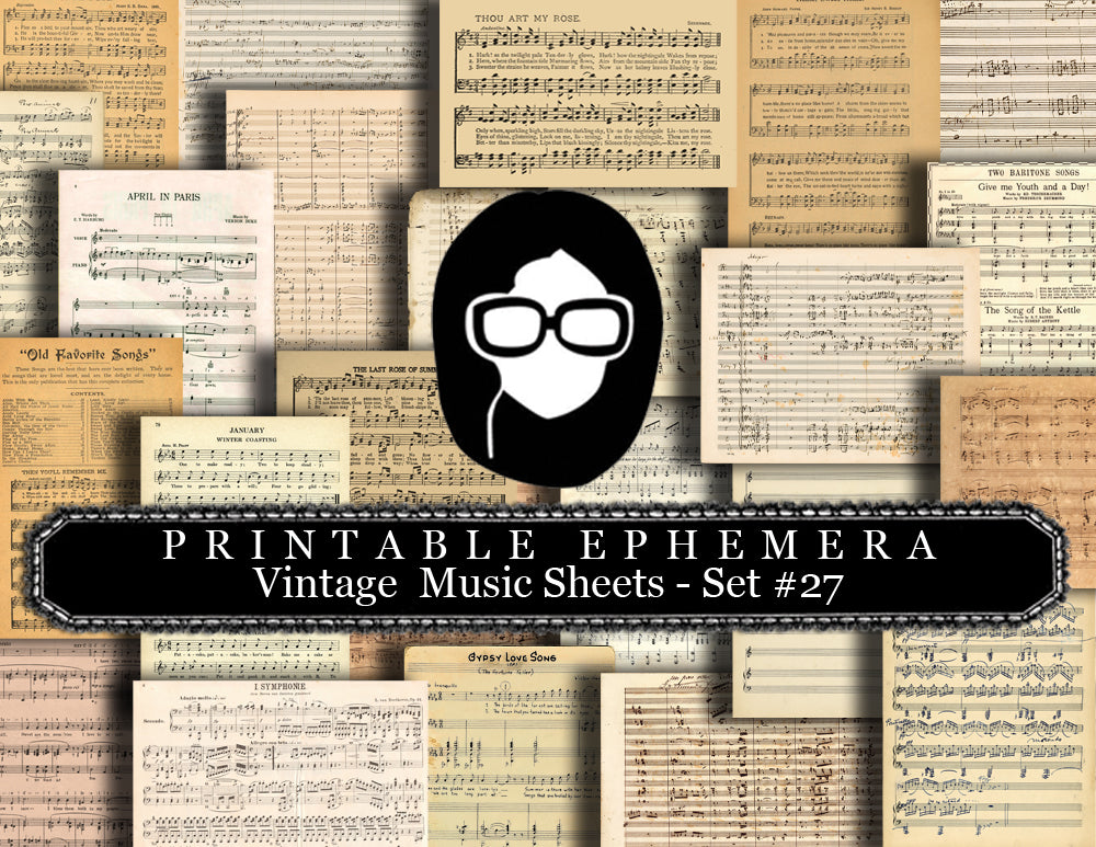 Ephemera Paper Pack - Vintage Music Sheet Set #27 - 25 Pg Instant Download - blank journal cards, digital journal kits, junk journal pages