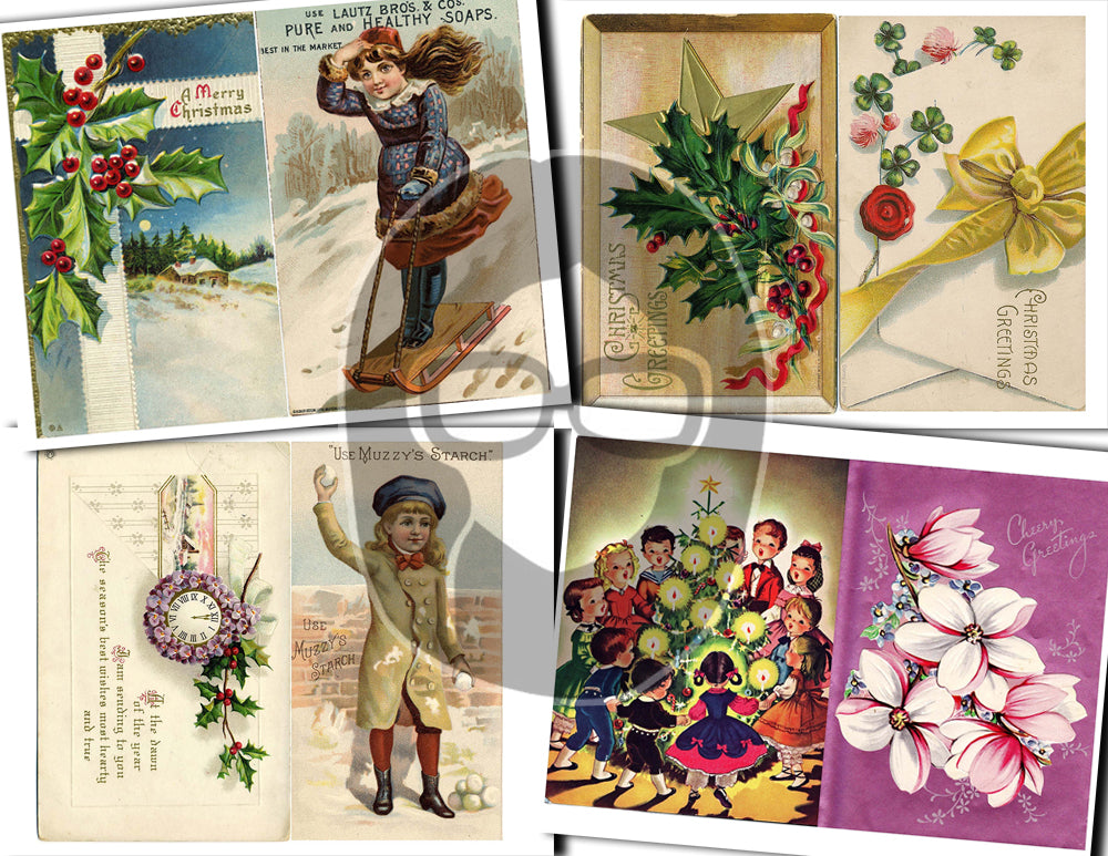Printable Christmas Ephemera, Junk Journal Pages -30pg Digital Download- Poinsettia bouquet, Retro Santa, Scrapbook Ephemera Pack, Antique