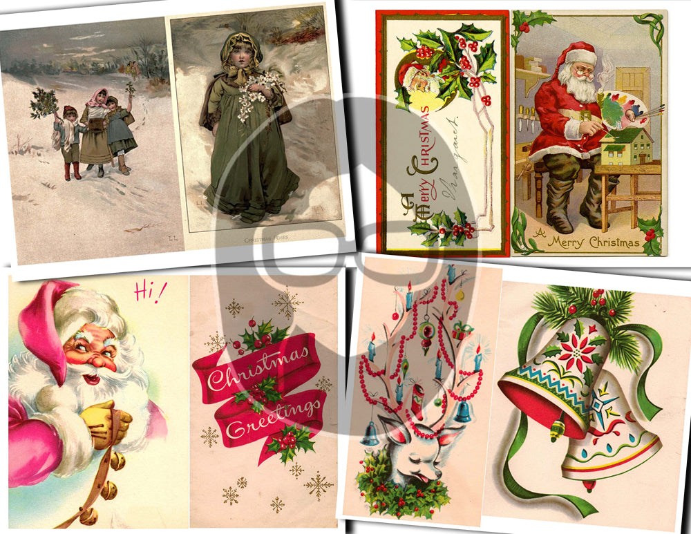 Printable Christmas Ephemera, Junk Journal Pages -30pg Digital Download- Poinsettia bouquet, Retro Santa, Scrapbook Ephemera Pack, Antique
