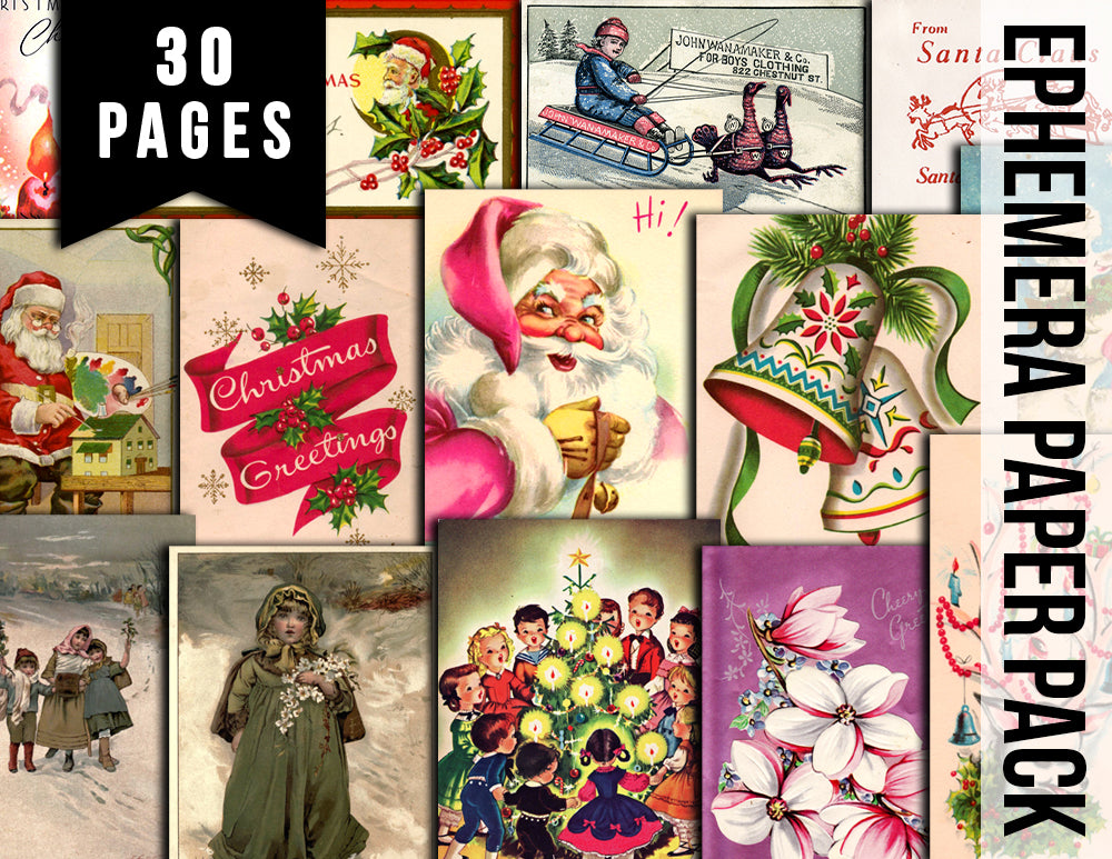 Printable Christmas Ephemera, Junk Journal Pages -30pg Digital Download- Poinsettia bouquet, Retro Santa, Scrapbook Ephemera Pack, Antique