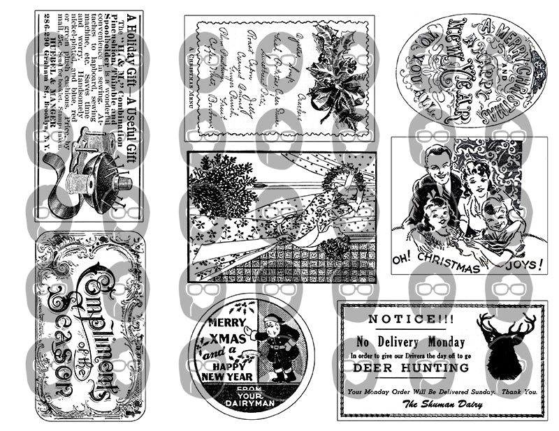 Printable Christmas Ephemera, Ink Saver, Black And White -6pg Digital Download- Retro Xmas, Old Fashioned Christmas, Junk Journal Ephemera