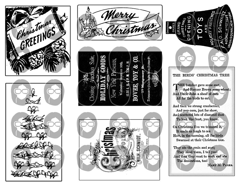 Printable Christmas Ephemera, Ink Saver, Black And White -6pg Digital Download- Retro Xmas, Old Fashioned Christmas, Junk Journal Ephemera